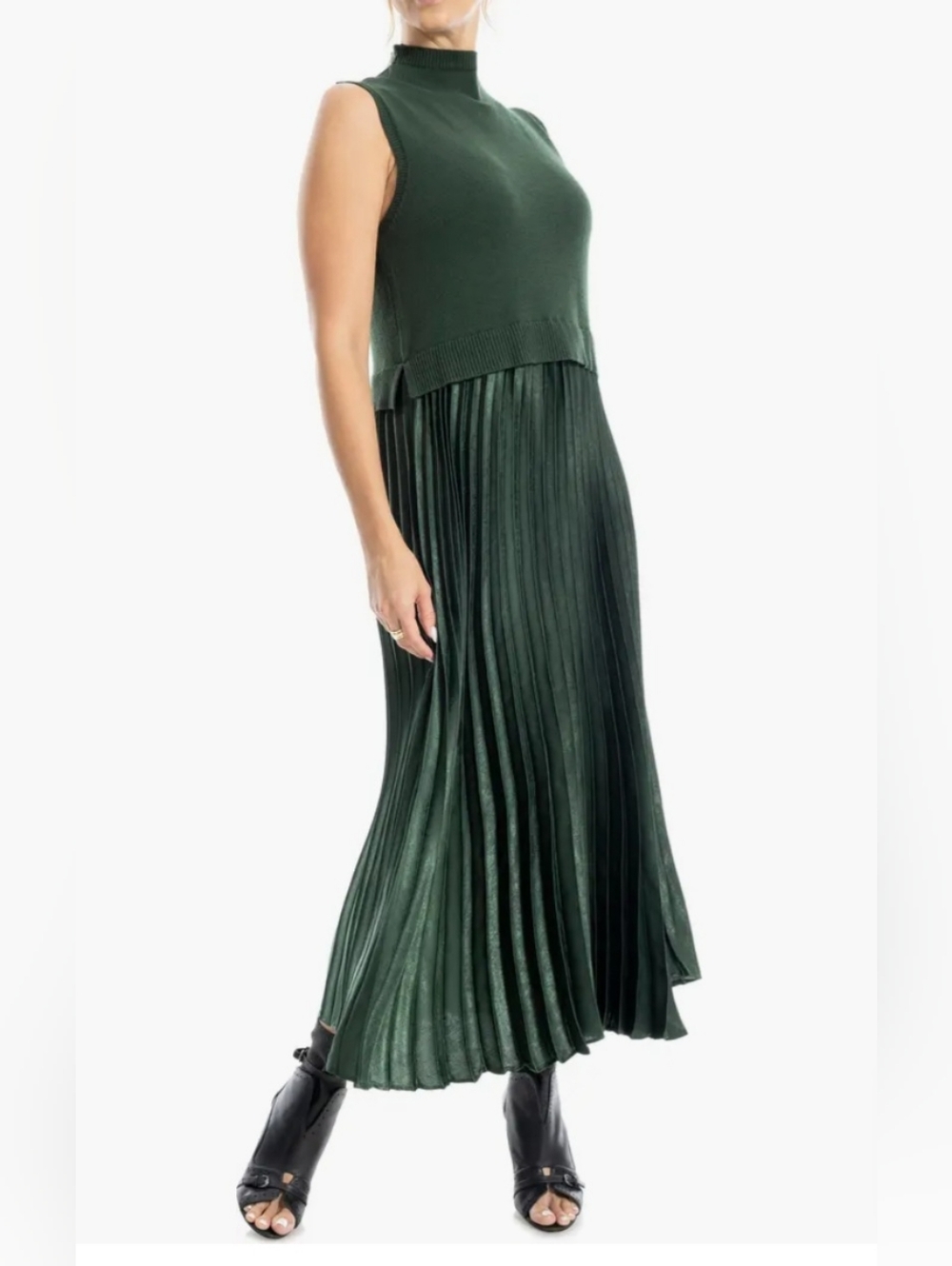 Max Studio Dark Green Pleated Maxi Dress